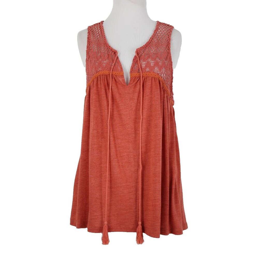 Miss Me $54 Sz L Coral Orange Tie Back V Neck Tassel Viscose Poly Cotton Top